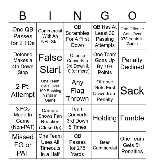 TNF at CJs Bingo Card