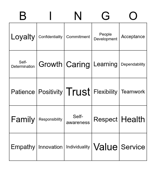 Core Values Bingo - Three in a Row Bingo Card