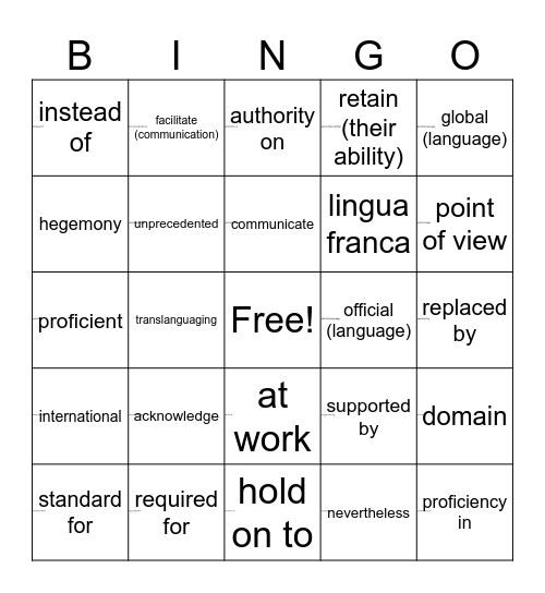 Unit 2 Vocabulary Bingo Card