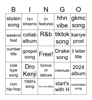 playlist Bingo Card