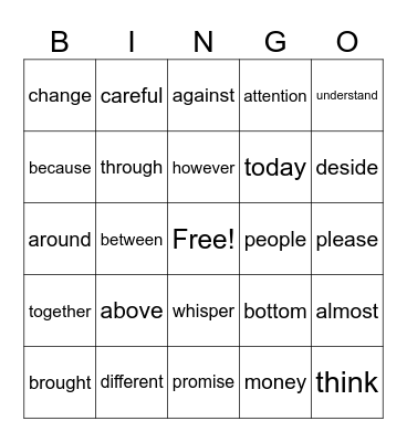 Sight Words Bingo Card