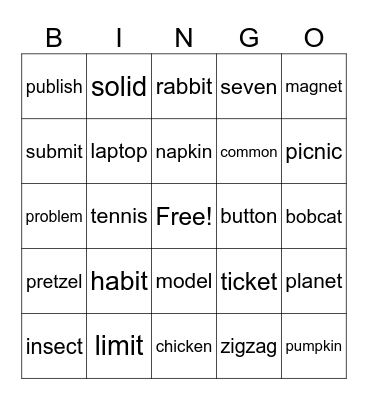 5th Grade Bingo Card