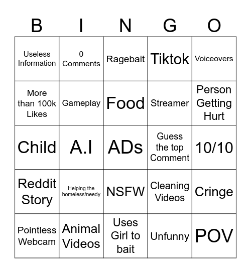 Youtube Shorts Bingo Card