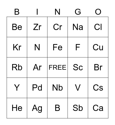 Science Club Elements! Bingo Card