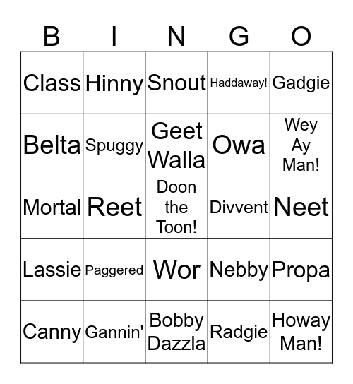 Geordie Lingo Bingo Card