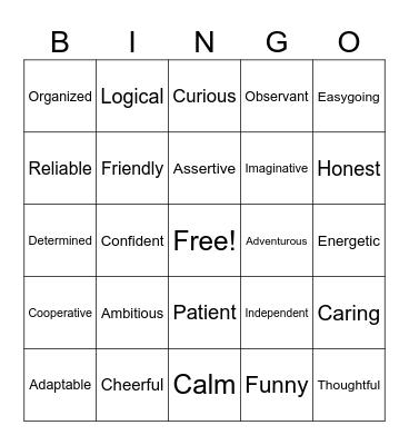 Personality Bingo Card
