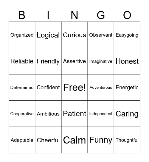 Personality Bingo Card