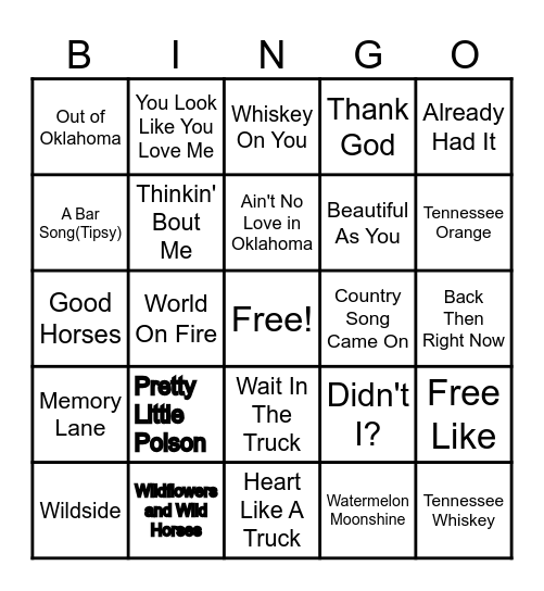 Country Music Song Titles Bingo Card