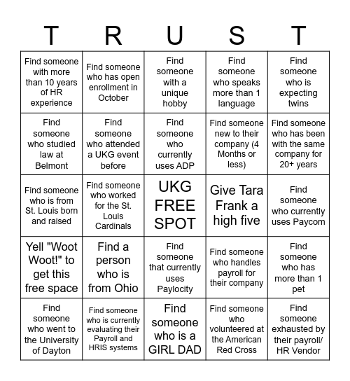 UKG Kendra Scott Networking BINGO Card