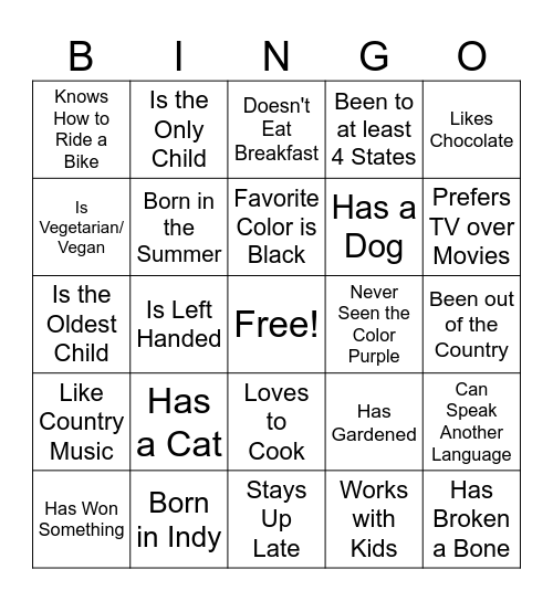 Getting to Know You Bingo Card