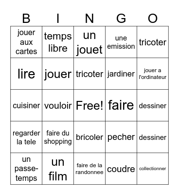 French Vocabulary Grade 6 Hobbies Bingo Card