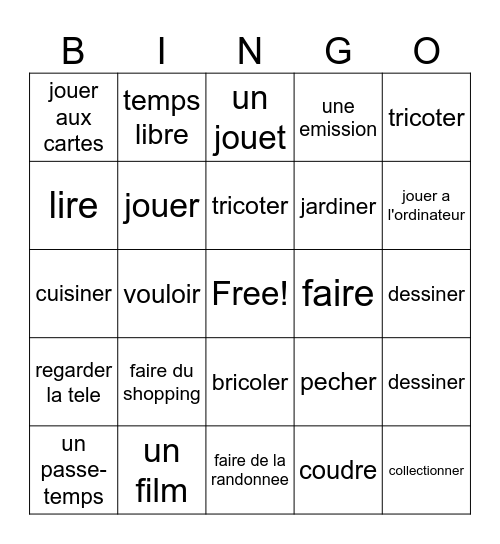 French Vocabulary Grade 6 Hobbies Bingo Card