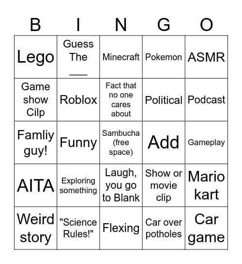 YouTube shorts Bingo Card