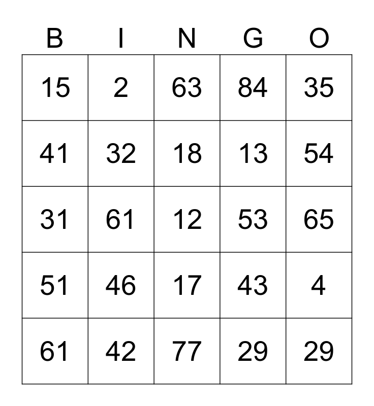 Numbers 190 Bingo Card