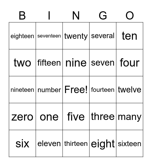 Numbers Bingo Card