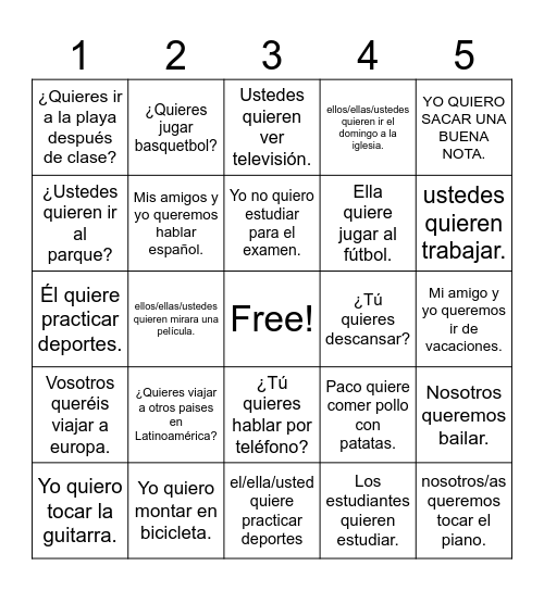 Verbo Querer Bingo Card