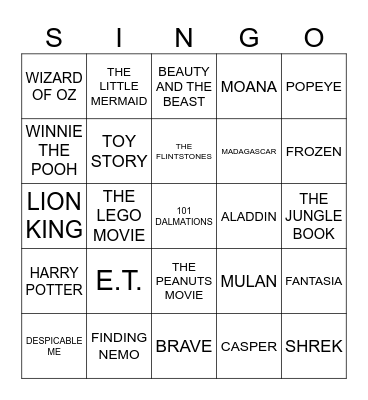 #8 THE BEST OF KIDS MOVIES Bingo Card