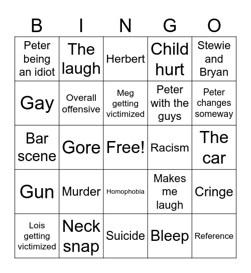 Family Guy Bingo Card