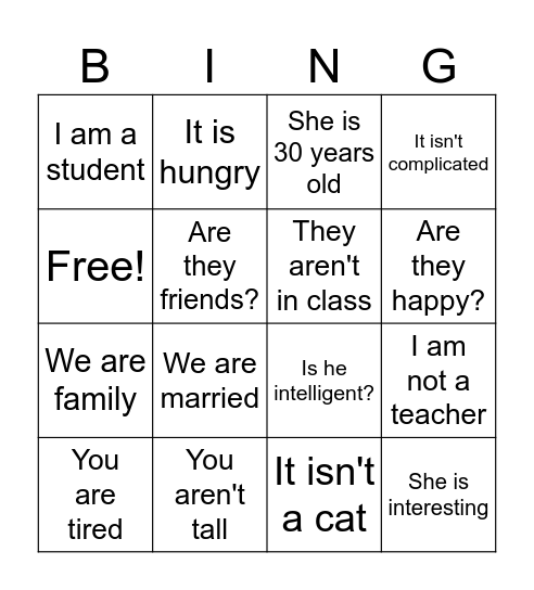 To be verb Bingo Card