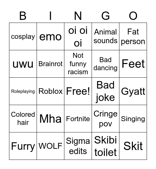 cringe Bingo Card