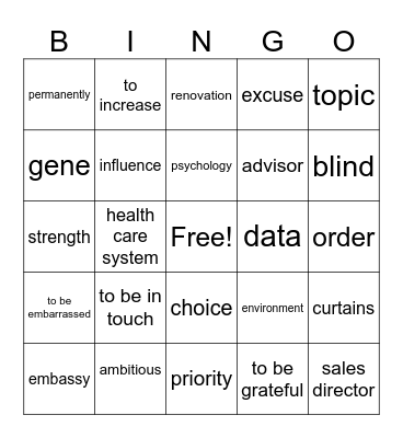 Vocabulary revision Bingo Card