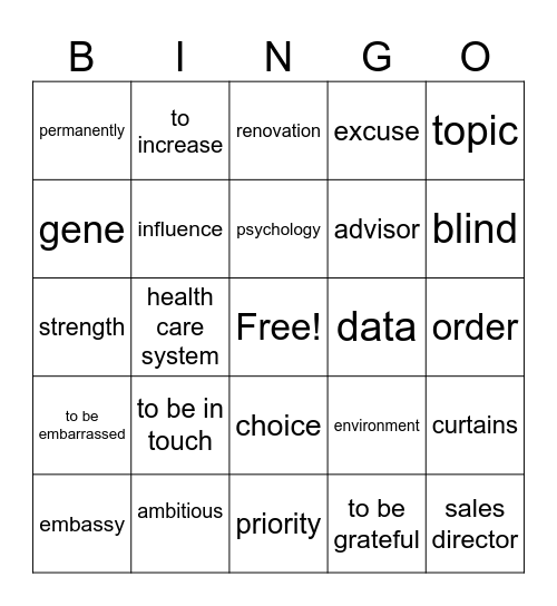 Vocabulary revision Bingo Card