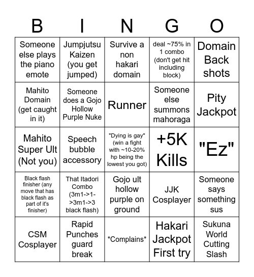 Jujutsu shenanigans Public server Bingo Card