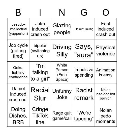 Nolan Crash Out BINGO!!! Bingo Card