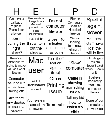 Helpdesk Bingo Card