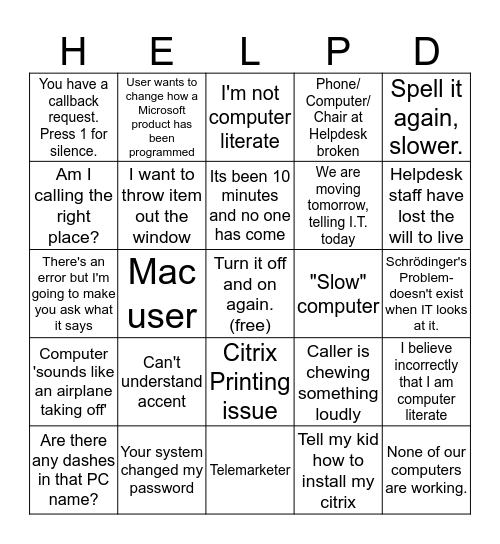 Helpdesk Bingo Card