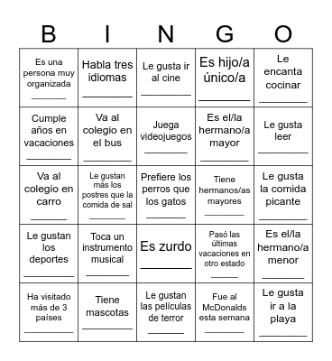 BINGO para conocerse Bingo Card