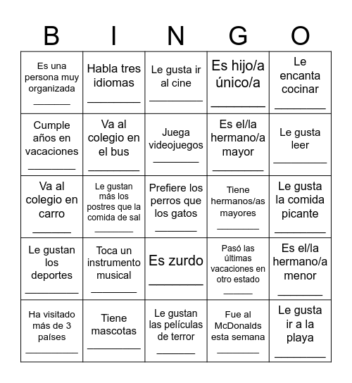 BINGO para conocerse Bingo Card