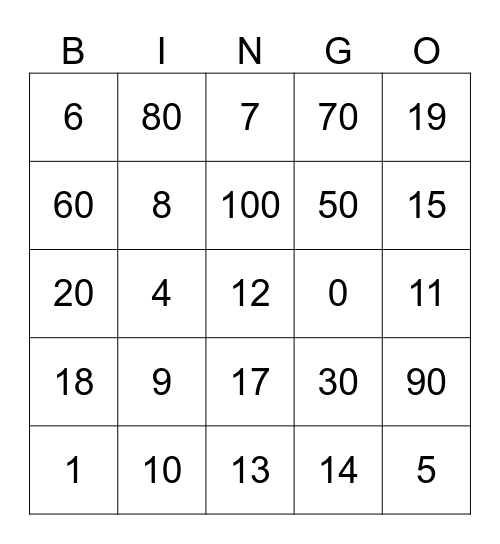 Numbers Bingo Card
