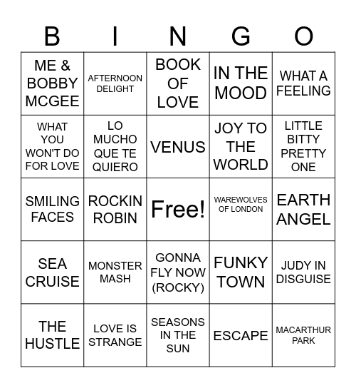 ONE HIT WONDER Bingo Card