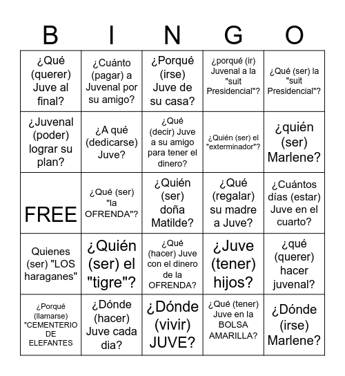 Pretérito indefinido  ( passé simple) Bingo Card