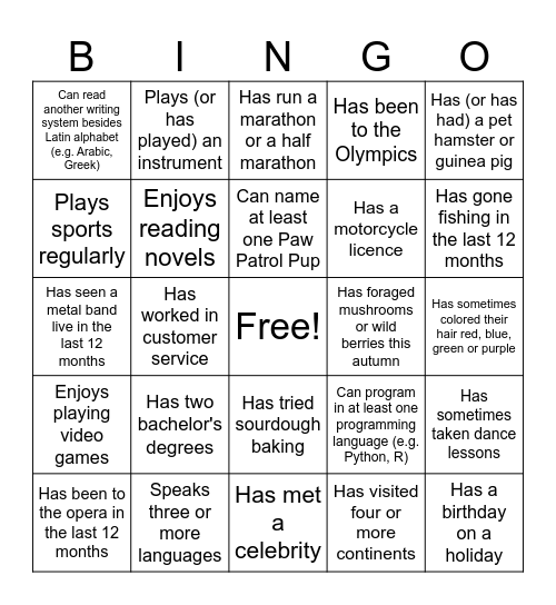 Get to Know You Bingo Card