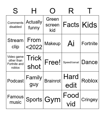 Shorts bingo Card