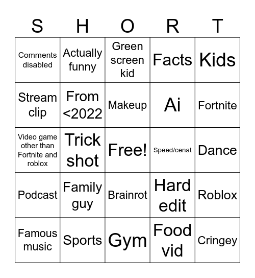 Shorts bingo Card