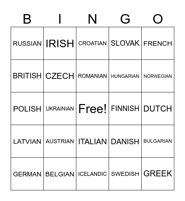 EUROPEAN NATIONALITIES / LANGUAGES Bingo Card