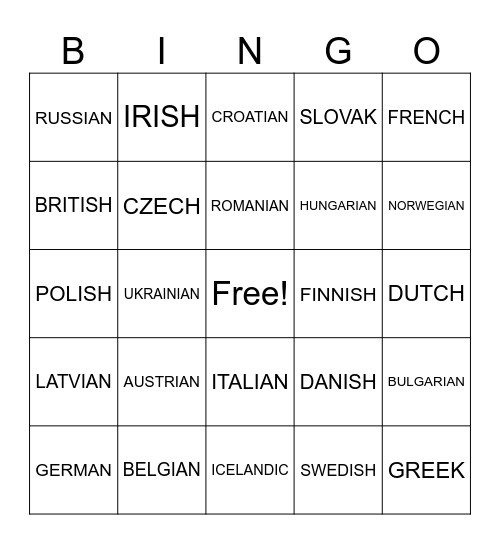 EUROPEAN NATIONALITIES / LANGUAGES Bingo Card