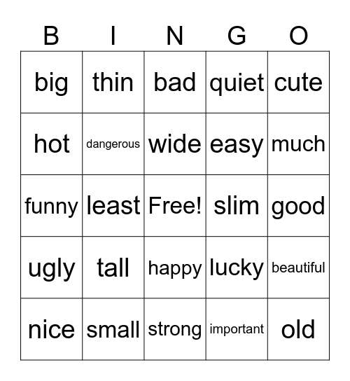 Adj Superlatives Bingo Card