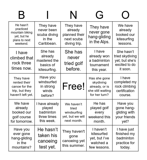 Extreme and Traditional Sports Bingo Card