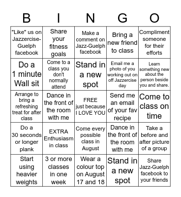 HOT AND STEAMY JAZZERCISE Bingo Card