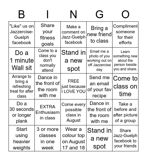 HOT AND STEAMY JAZZERCISE Bingo Card
