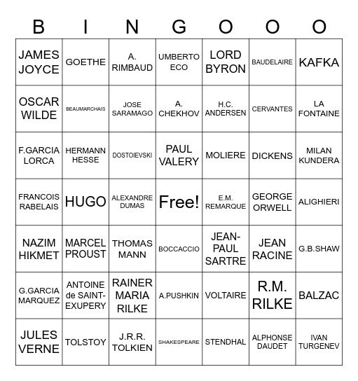 FAMOUS EUROPEAN WRITERS Bingo Card