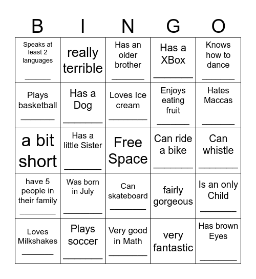 YOUTH HUMAN BINGO Card