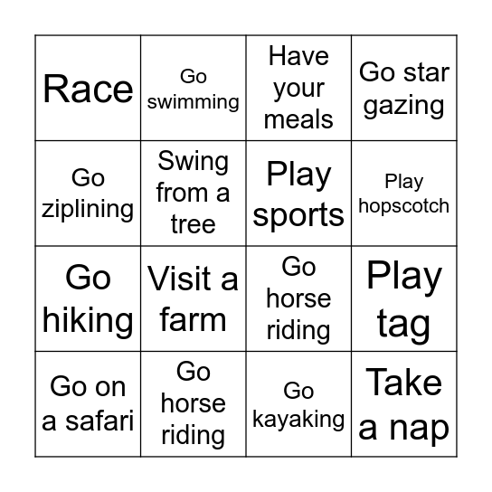 Camp week Bingo Card