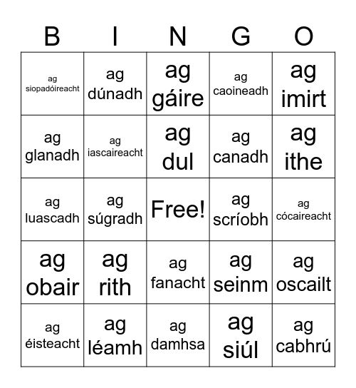 An t-ainm briathra Bingo Card