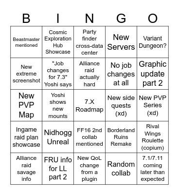 Live Letter FFXIV Bingo Card