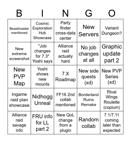 Live Letter FFXIV Bingo Card